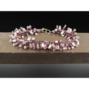 7" Sterling Silver Purple And White Beaded Bracelet Vintage Elegant Beautiful